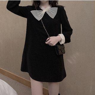 Long-sleeve Tie-neck Shift Dress Black - One Size