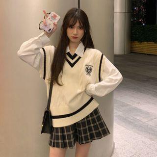 Long-sleeve Plain Shirt / Patch V-neck Knit Vest / High-waist Plaid Pleated Skirt