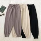 Plain High-waist Drawcord Rib Knit Harem Pants