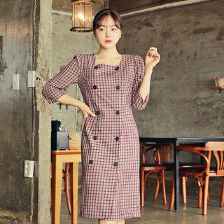 Square-neck Double-breasted Check Dress