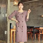 Square-neck Double-breasted Check Dress
