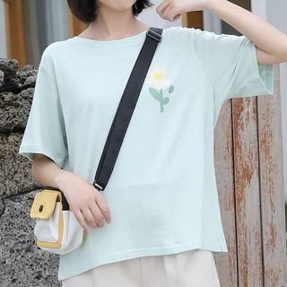 Flower Print Short-sleeve T-shirt Light Green - One Size