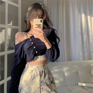 Plain Long-sleeve Crop Top / Print Pants