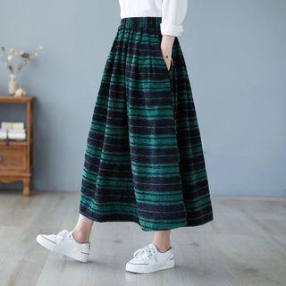 Elastic-waist Plaid Print A-line Midi Skirt