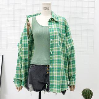 Drop-shoulder Plaid Shirt / Tank Top / Denim Shorts