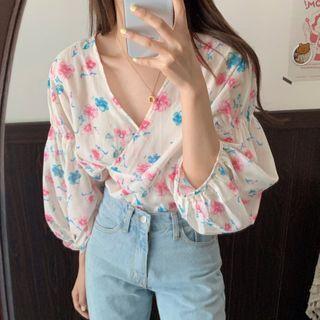 3/4-sleeve Floral Print Wrap Blouse Pink & Blue Floral - White - One Size