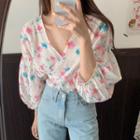 3/4-sleeve Floral Print Wrap Blouse Pink & Blue Floral - White - One Size