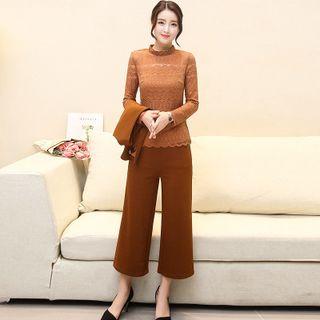 Set: Lace Long-sleeve Top + Sleeveless Top + Wide Leg Pants