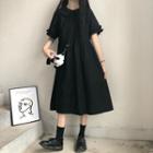Short-sleeve Peter Pan Collar Midi Shirt Dress Black - One Size