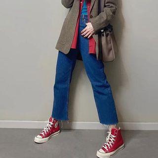 High Waist Frayed Cropped Jeans
