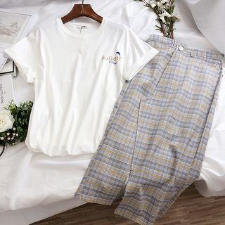 Set: Short-sleeve Letter T-shirt + Plaid Midi Skirt