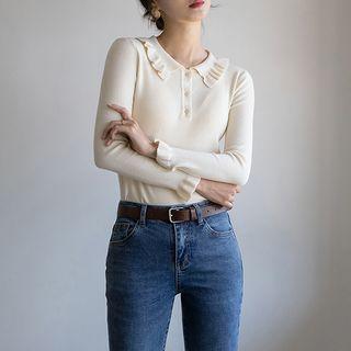Ruffled Slim-fit Knit Polo Shirt