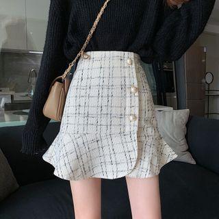Ruffled Hem Mini A-line Tweed Skirt
