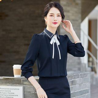 Ribbon Tie-neck Pintuck Shirt