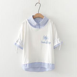 Sun Embroidered Inset Pinstripe Short-sleeve Top