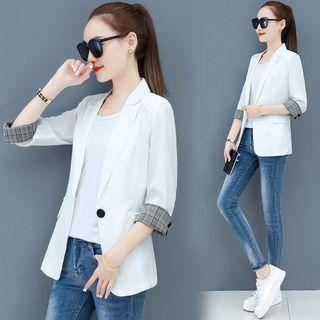 Elbow-sleeve Plaid-cuff Blazer