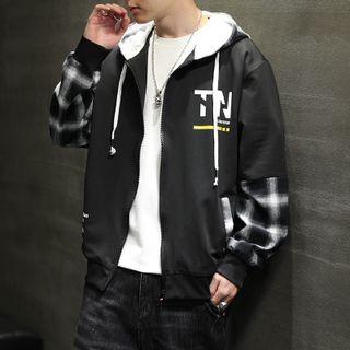 Mock Two-piece Hooded Plaid Zip Hoodie