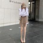 Plain Long-sleeve Shirt / High Waist Color-block Skirt