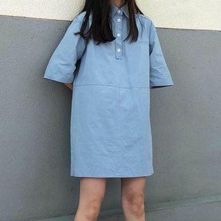 Elbow-sleeve Shift Polo Dress Blue - One Size