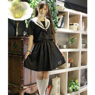 Set : Sailor Collar Bow Short-sleeve Top + Skirt