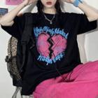 Short Sleeve Lettering Heart Print Loose-fit T-shirt