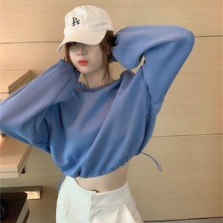 Cartoon Print Drawstring Cropped Sweatshirt Blue - One Size