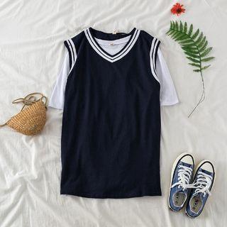 Short Sleeve Plain T-shirt / V-neck Sleeveless Dress