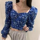 Off-shoulder Puff-sleeve Floral Chiffon Cropped Top
