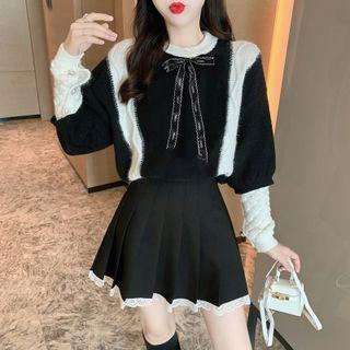 Tie Neck Sweater / Pleated Skirt