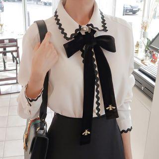 Bow Scallop Trim Chiffon Blouse