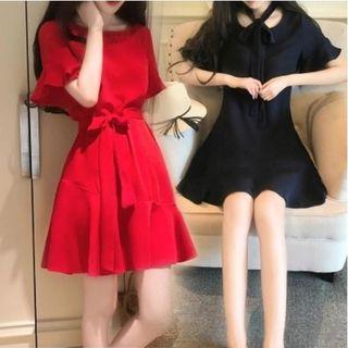 Short-sleeve Mini Chiffon Dress With Sash