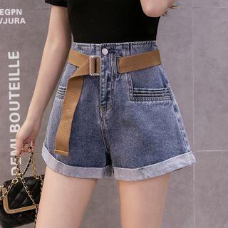 Short-sleeve Lace Strap T-shirt / Belted Denim Shorts / Set