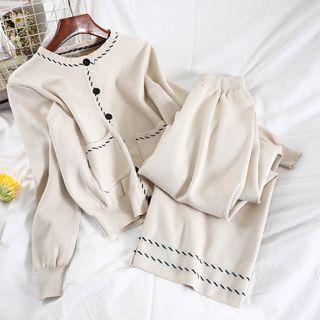 Set: Embroidered Trim Cardigan + Wide Leg Pants