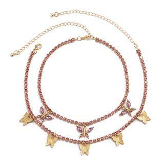 Set: Butterfly Rhinestone Pendant Choker 1446 - Gold - One Size