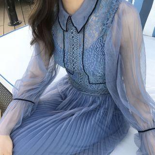 Lace Panel Mesh Long-sleeve A-line Midi Dress