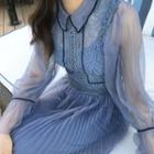 Lace Panel Mesh Long-sleeve A-line Midi Dress