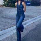 Sleeveless Halter Wide-leg Denim Jumpsuit