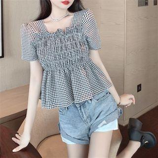 Square-neck Smocked Short-sleeve Plaid Blouse