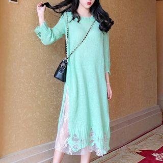 Perforated Long-sleeve Midi Sweater Dress / Lace Midi Slipdress