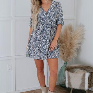 V-neck Floral Printed A-line Mini Dress