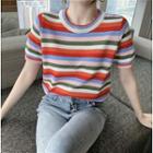 Short-sleeve Striped Knit Top Stripe - Green & Blue & Pink - One Size