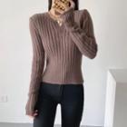 Open Placket Ribbed Knit Sweater