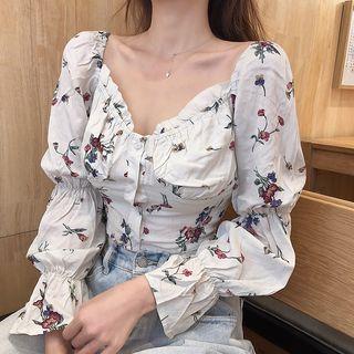 Bell-sleeve V-neck Floral Blouse