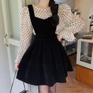 Dotted Blouse / Mini A-line Pinafore Dress