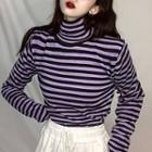 Striped Turtleneck Long-sleeve T-shirt Purple - One Size