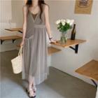 Plain Overall Dress + Sleeveless Plain Ruffle Trim Sheer Dress As Shown In Figure - One Size