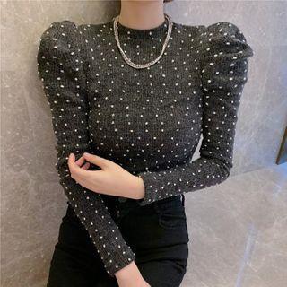 Dot Print Knit Blouse White Dot - Gray - One Size