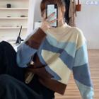 Color Block Sweater Blue & White & Coffee - One Size
