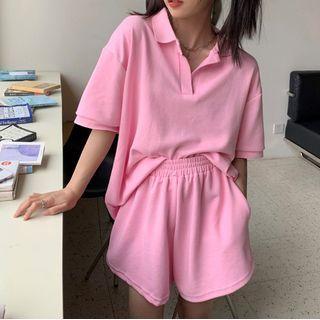 Set: Short-sleeve V-neck Plain Top + Shorts