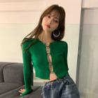 Long-sleeve Metal-accent Cropped Knit Top Dark Green - One Size